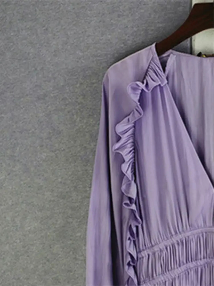 Women Purple Satin Mini Dress Deep V Ruffles Elastic Waist Long Lantern Sleeve Robe for Female Spring Summer 2023