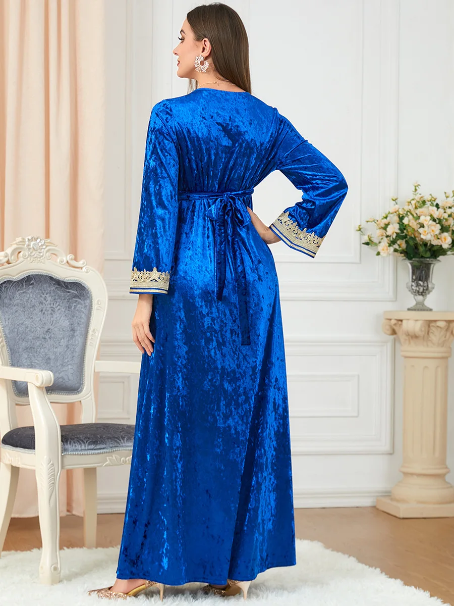 Women Spring and Summer Muslim Slit Embroidery Gold Velvet Dress Turkish Indian Abaya Arab Islamic Women Moroccan Kraftan Gown