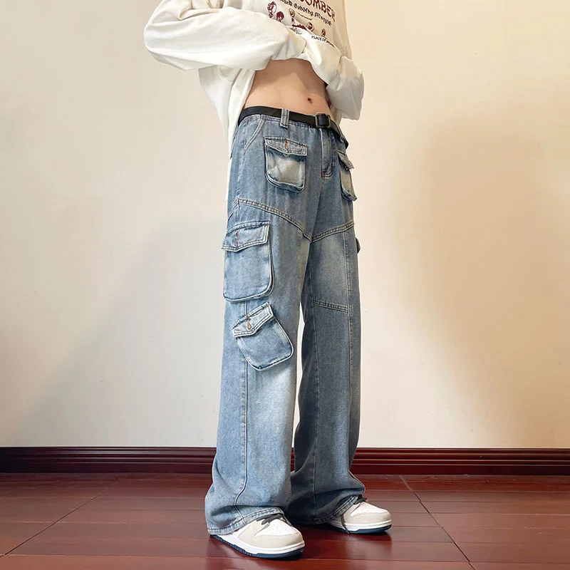 

Pockets Jeans Men Fashion Multiple Blue Baggy Cargo Jeans Men Streetwear Hip Hop Loose Straight Denim Pants Mens Trousers M-2XL