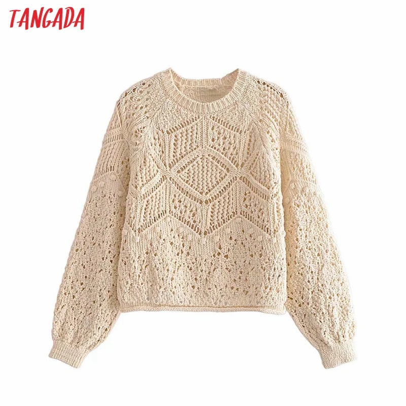 

Tangada Women 2021 Fashion Hollow Out Loose Knitted Sweater Vintage O Neck Long Sleeve Female Pullovers 3H100