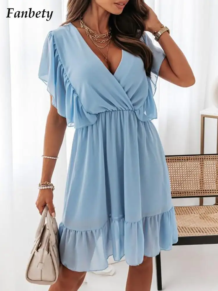 

Платье женское однотонное с V-образным вырезом, Элегантный Модный пляжный сарафан с коротким рукавом, повседневная одежда с оборками, лето ...