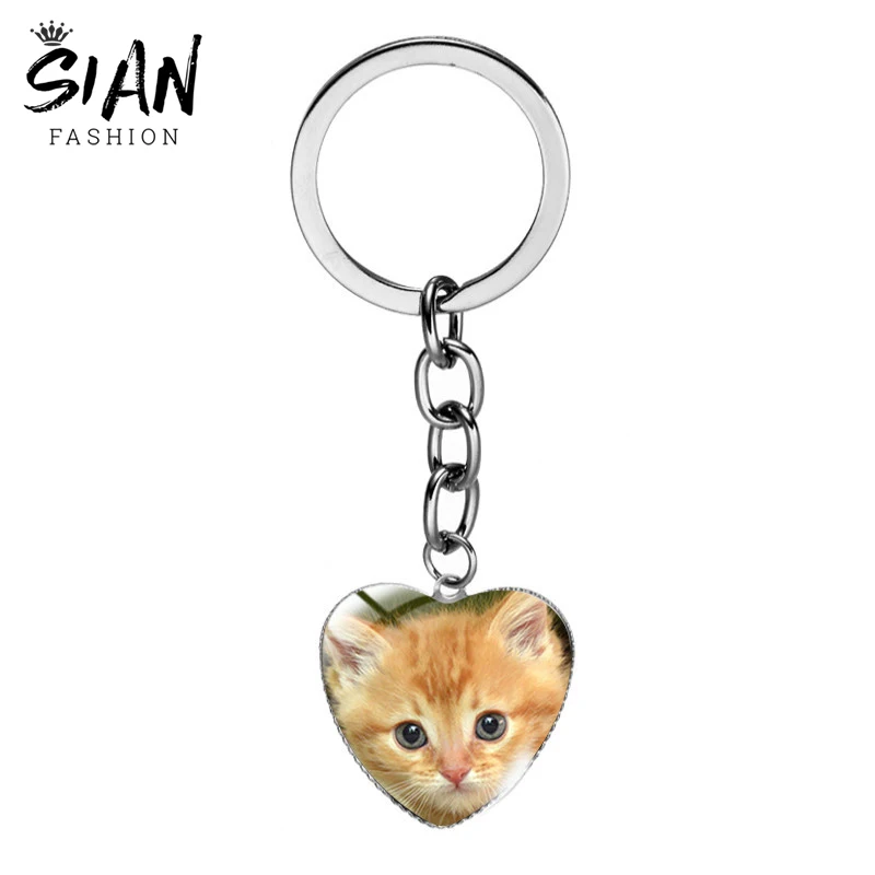 

Cute Heart Cat Keychains Holder Lovely Cat Pet Key Chains Keyrings Pendant for Bag Car Key Glass Dome Jewelry Accessories Gifts