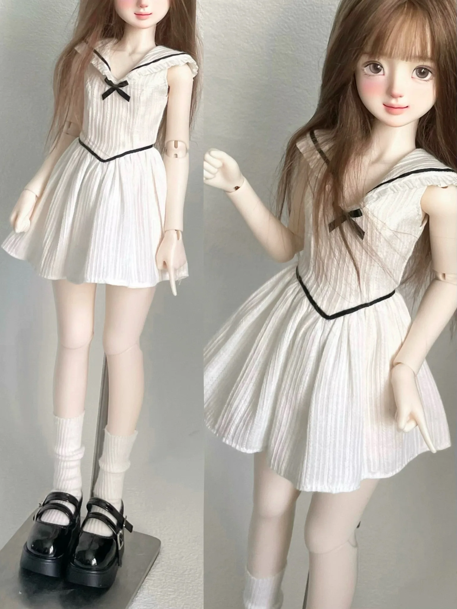 Фото Одежда для кукол BJD (1/4 BJD) Детская одежда Школьный стиль Платье без рукавов в консервативном стиле Белое платье Серо-синее платье №1