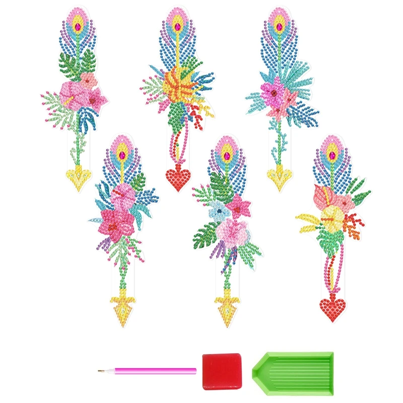 

NEW-6 Pcs Diamond Paint Bookmarks Kit Art 5D DIY Feather Rhinestones Bookmark For Adults Kids Bookmarks For Craft School