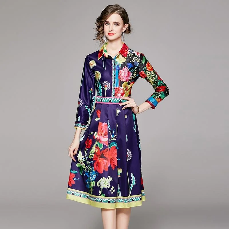 Элегантное осеннее платье с длинным рукавом и цветочным принтом