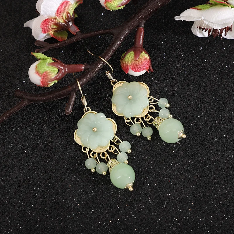 Green Jade Flower Earrings for Women Luxury Charm Vintage Charms Stone Talismans Fashion Real Jewelry Natural Gifts Amulet