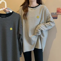 long sleeved striped t shirt women spring autumn korean style thin round neck new embroidered flower y2k top women clothes