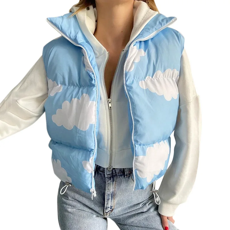 Women Puffer Jacket Waistcoat Fall Winter Clothing Thermal Warm Stand Cloud Printing Bread Coat 2022 Fashion Casual