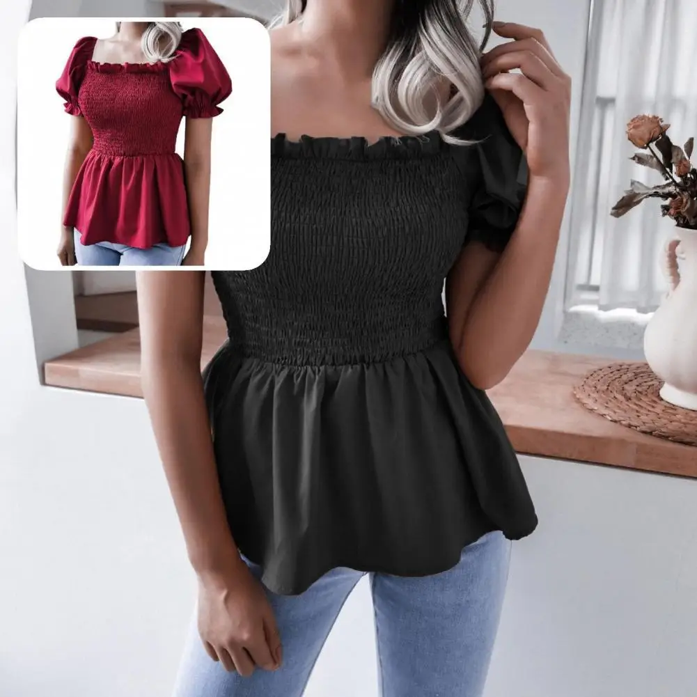 

Shirring Terrific All Match Women Top Sweet Summer Top Pure Colors for Daily Wear