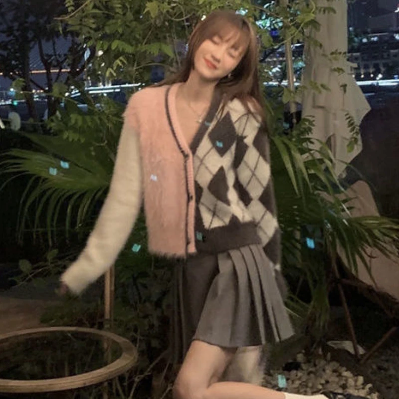 Женский кашемировый свитер из норки плотный клетчатый пальто мохеровый вязаный