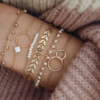 boho gold fringe bracelet ladies boho jewelry geometric leaf beads layered bracelet charm bracelet set
