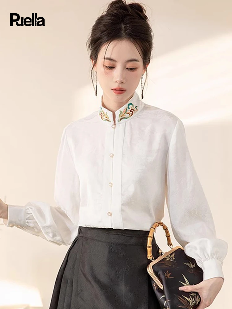 La Chabell Puella2024 Autumn New Stand Collar Solid Long sleeve Shirts Women Fashion Temperament Leisure Top