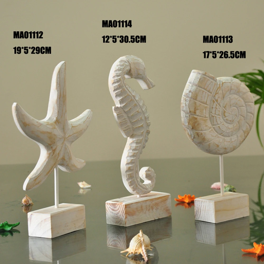 New Creative Jewelry Mediterranean Style Wood Crafts Starfish Conch Hippocampus Wood Carving Marine Home Room Decoration