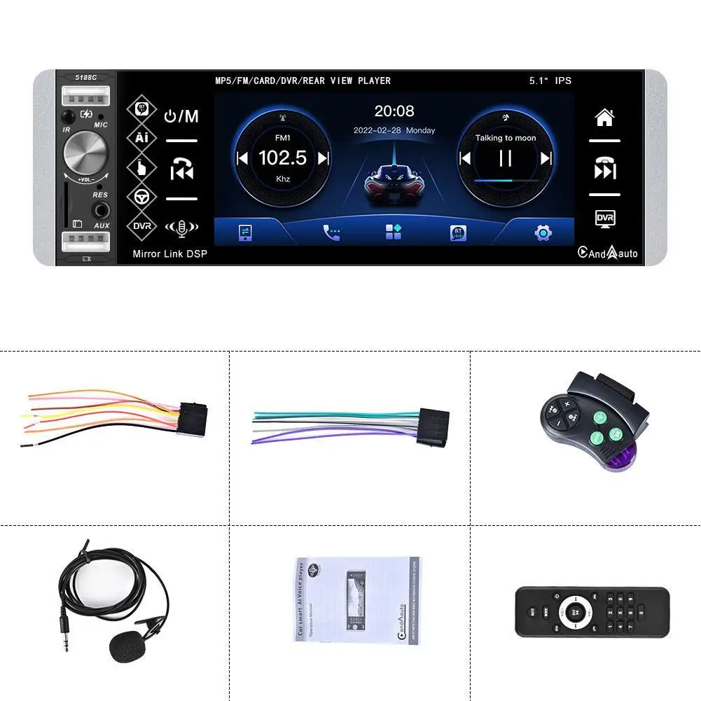 

Автомагнитола 1DIN с камерой, MP5, сенсорным экраном, FM-радио, 4-USB, 5,1 дюймов, Поддержка Android, Mirrorlink, Bluetooth, Авторадио для Carplay, DVR