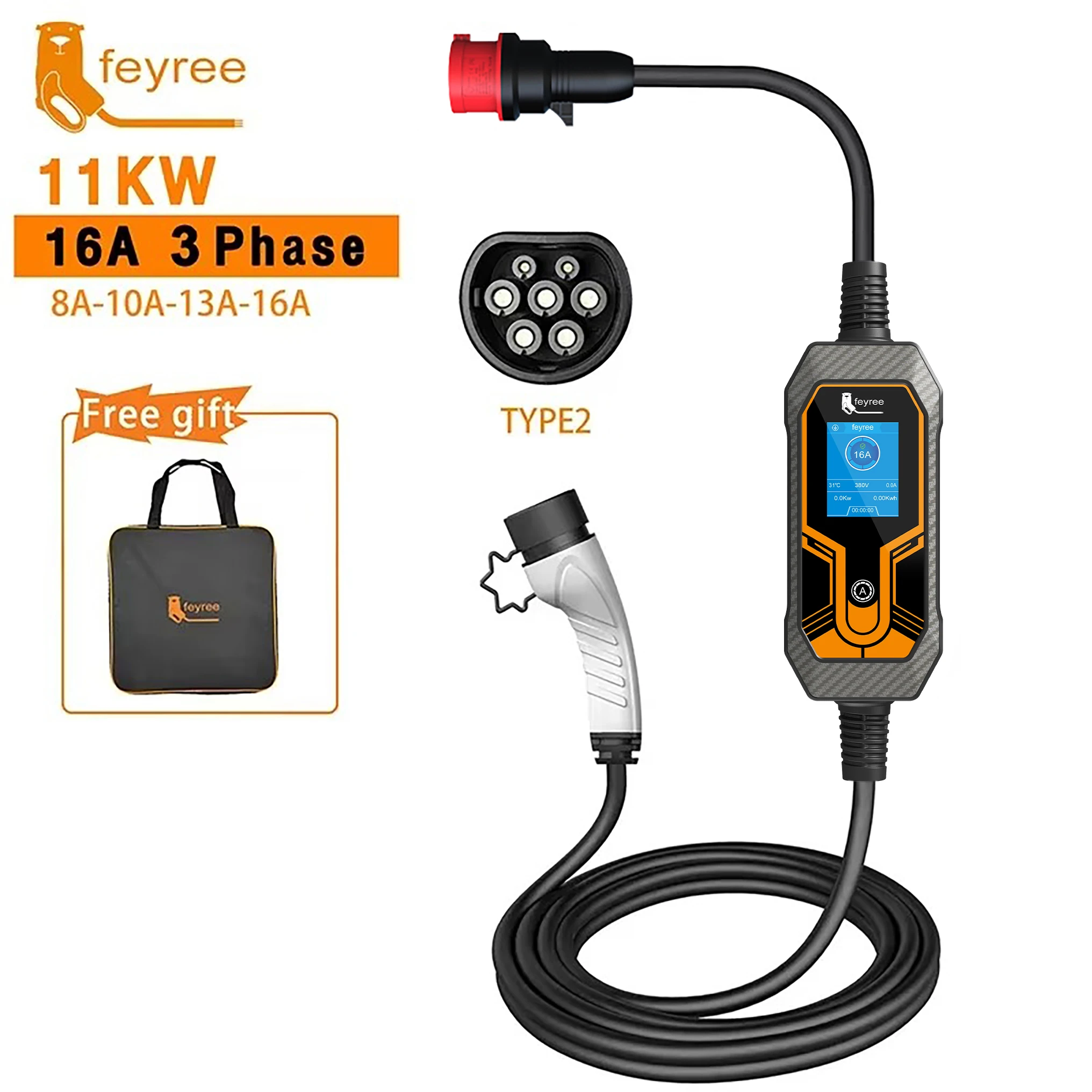 

Feyree 11KW 16A Портативное зарядное устройство для электромобилей Type2 EVSE Зарядное устройство для электромобиля CEE Plug IEC62196-2 Зарядное устройство для электромобиля
