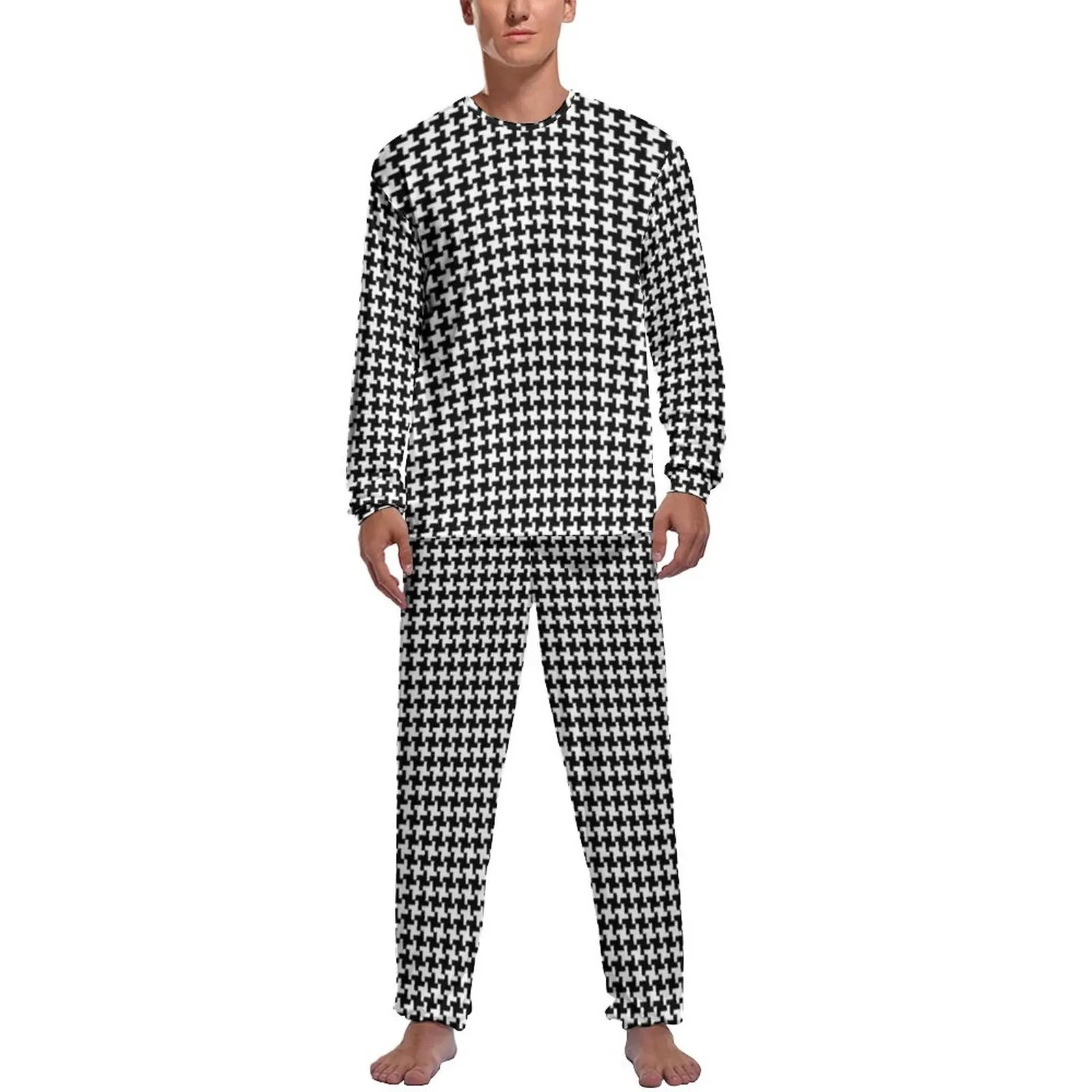 

Houndstooth Geometric Pajamas Daily Black Texture Casual Nightwear Men 2 Pieces Design Long-Sleeve Cool Pajama Sets
