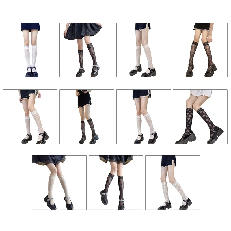 

H9ED Women Dark Gothic Fishnet Calf Socks Japanese Lolita Kawaii Lace Top Splicing Heart Plaid Striped Jacquard Patterned High