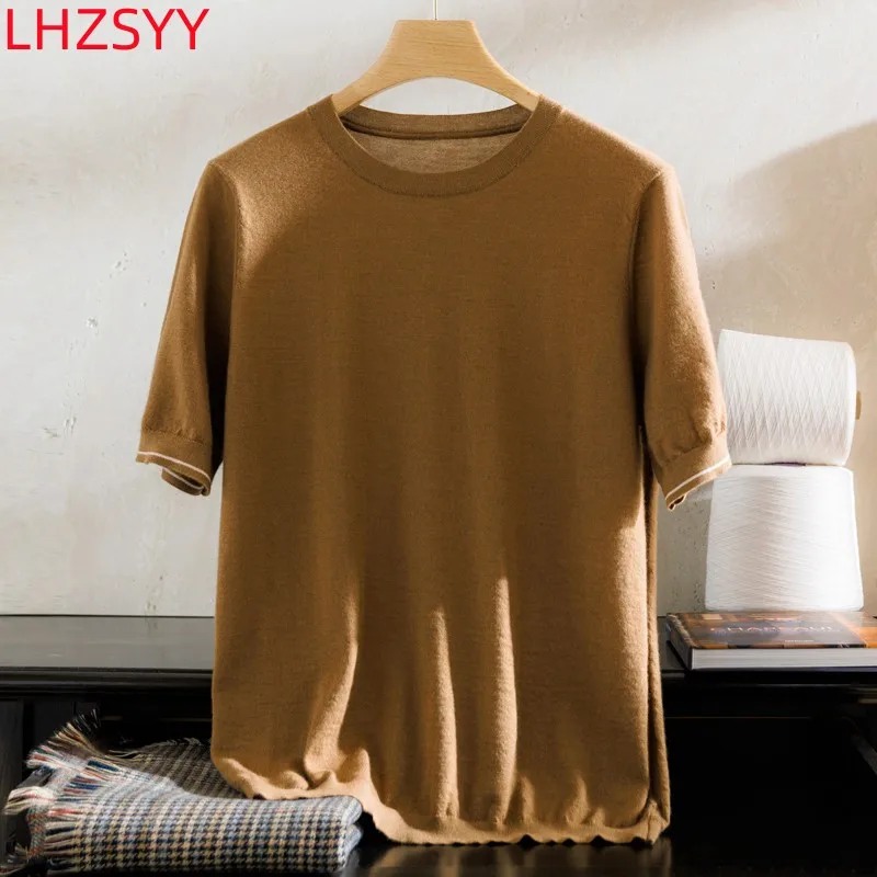 

LHZSYY Summer New 100%Pure Cashmere T-Shirt Men's Worsted Thin Short-Sleeved Sweater Youth High-end Half-sleeve Base Shirt Trend