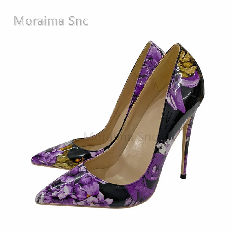 Purple Print Super High Heels Shoes for Women Pumps Flowers Pointed Toe Shallow Stiletto Wedding Party Shoes Female Spring