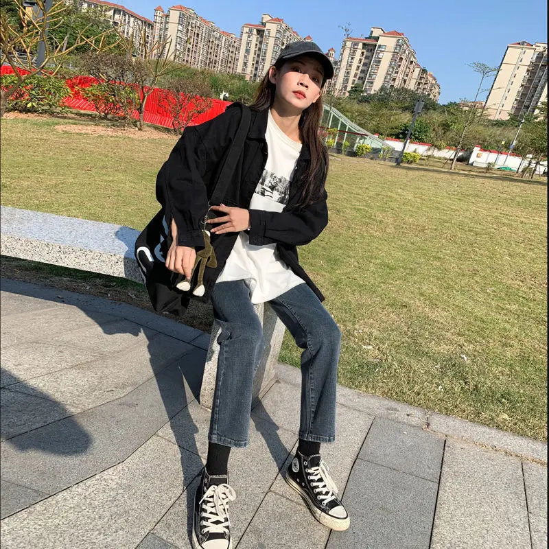 Jeans Women's loose autumn and winter style Versatile high waist, slim and elastic, 9-point Korean straight pipe trousers