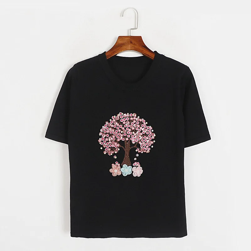 

Women Fashion Black T-shirt with Sequined Beaded Tree Flowers Appliques 2023 Summer Tee Thin Knitted Shirt