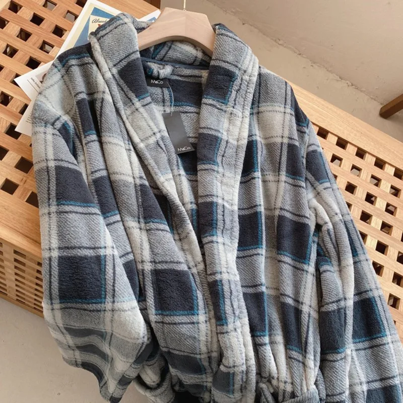 Nightgowns For Men Coral Fleece  Keep Warm  Bathrobe Mens Robes Stripe