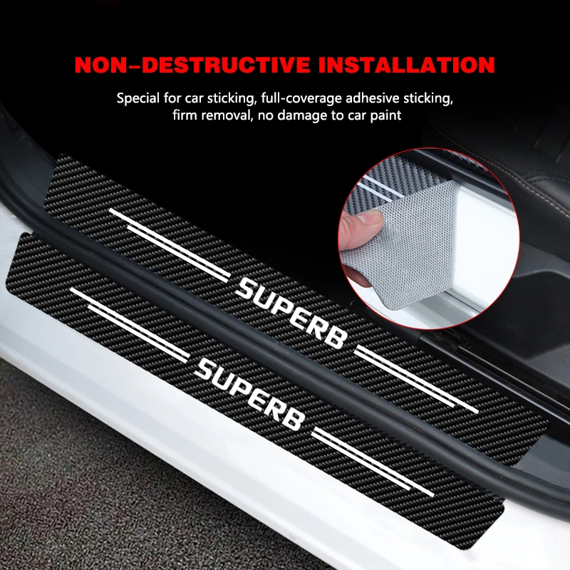 

4 PCs/set Carbon Fiber Protection Stickers Car Door Sill Sticker Anti-scratch ​For Skoda Superb 2001 2004-2017 2018 2019 2020