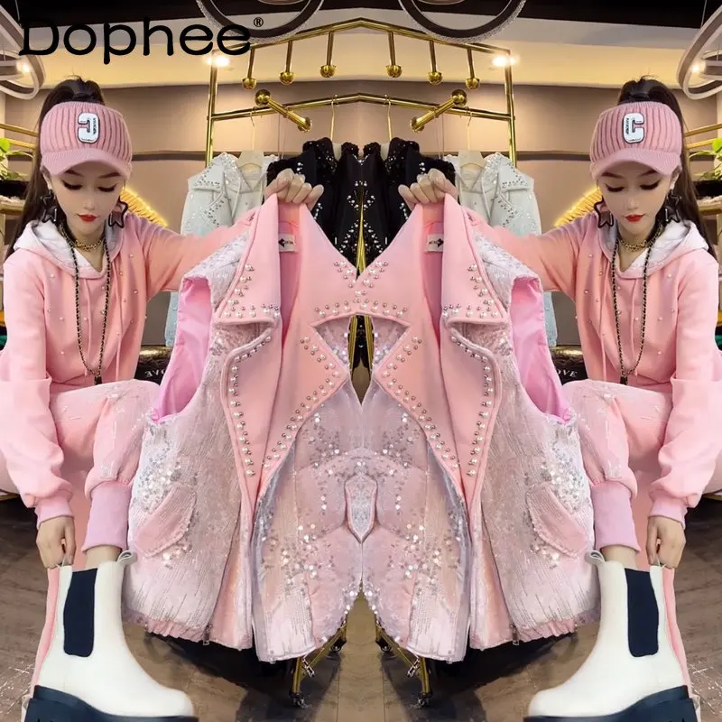 

Fashion Women's Tracksuit 2022 Autumn Winter New Beaded Embroidery Sequined Velvet Hoodie Coat Vest Sweatpants Three-Piece Sets