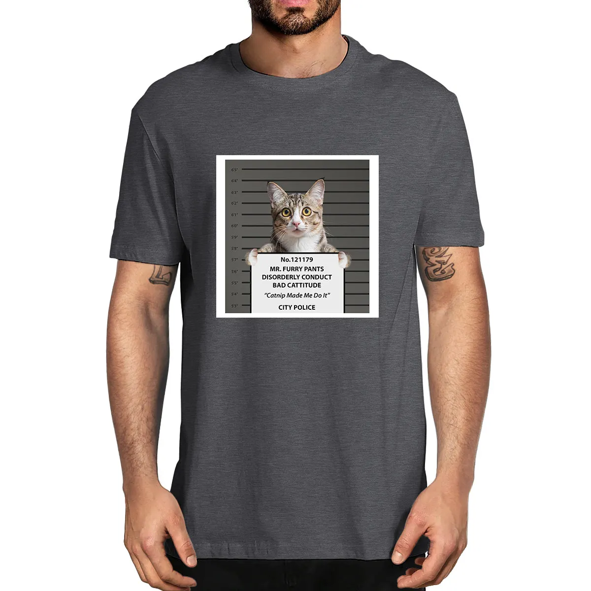 

Funny Cat No. 121179 Mr. Furry Pants Disorderly Conduct Bad Cattitude Catnip Made Me Do It City Police Men Cotton T-Shirt