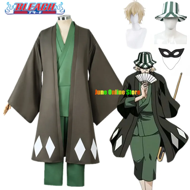 

Bleach Urahara Kisuke Anime Cosplay Costume Cloak Green Japanese Kimono Hat Wig Thousand-Year Blood War Arc Halloween Uniform