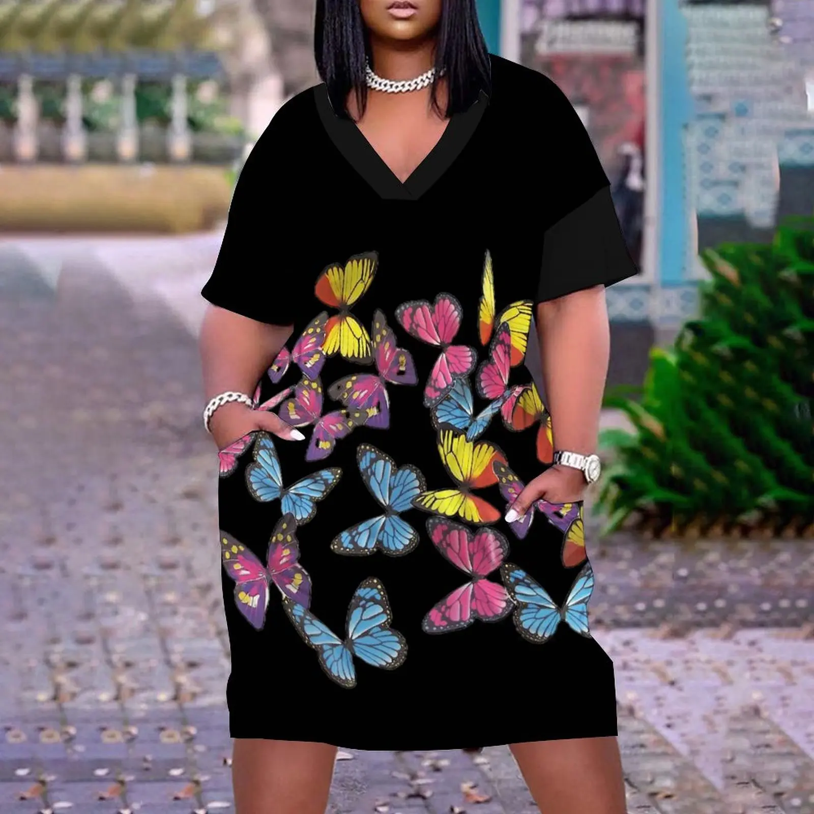

Butterfly Colorful Pattern Dress Women Vintage Summer V-Neck Short Sleeve Midi Pocket Boho Beach Dress Party Sexy Dresses