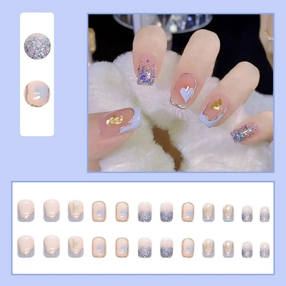 

1 Set Of Candy Color Short Fake Nails Sky Cloud Wearing Armor Artificial Fashion Love Heart Detachable Full Coverage Fake Nails