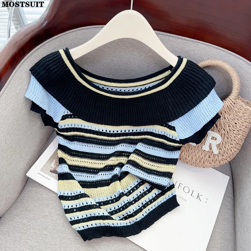 

Summer Stylish Striped Slim Knit Sweater Tops Women Short Sleeve O-neck Pullover Vintage Streetwear Fashion Chic Knitwear Tshirt