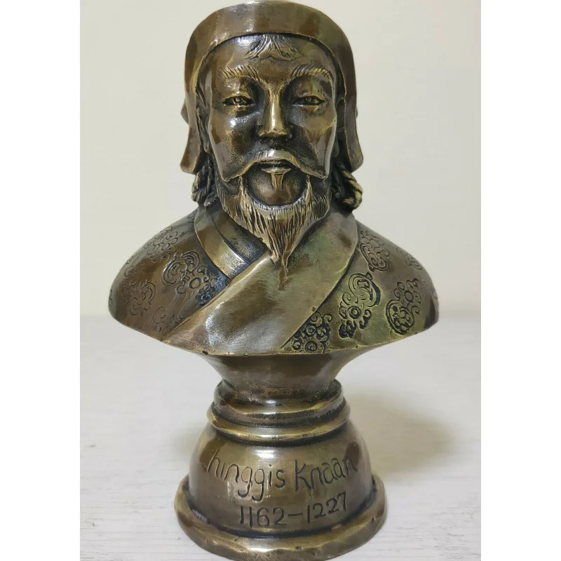 

antique old bronze carved unique Genghis Khan hero Nomads Bust Statue