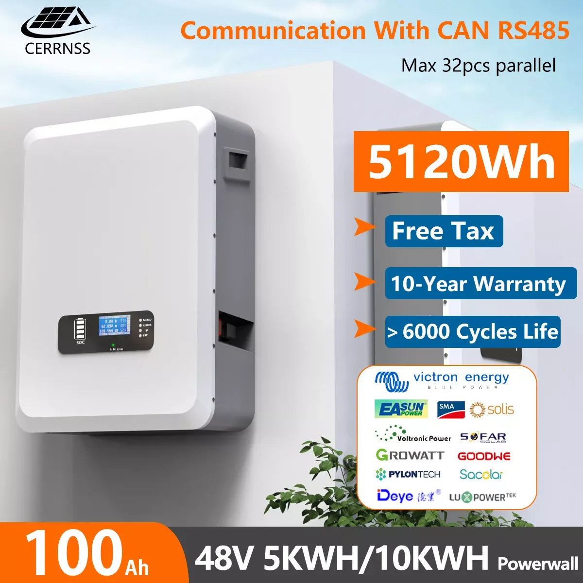 

48V 5KW Powerwall LiFePO4 100Ah Lithium Battery Pack True ＞6000 Cycles With CAN RS485 16S 100A BMS For Off/On-Grid Solar No Tax