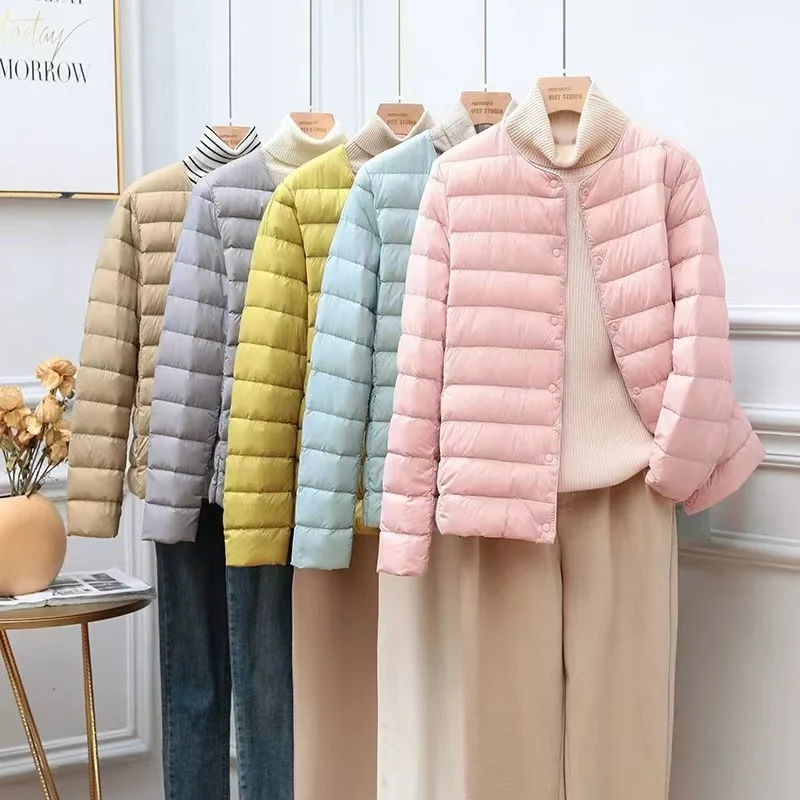Women Reversible Ultralight Puffer Winter Jacket 2023 New Candy Color Collarless Duck Down Coat Female Portable Windproof Parkas