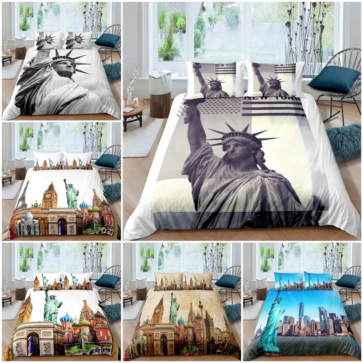 

Statue of Liberty Duvet Cover Set World Famous Building Bedding Set for Boys Girls New York Landmark Printed Comforter Cover