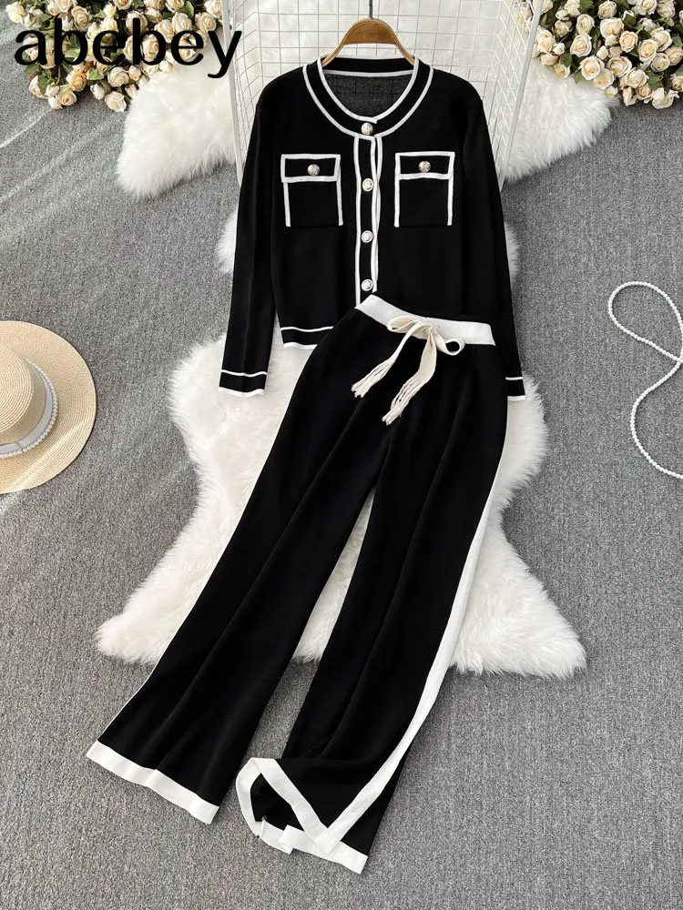

Luxury Elegant Sweater Trousers Suit Women Knitted Single Breasted Cardigan High Waist Wide Leg Pants Two Piece Sets Outfits