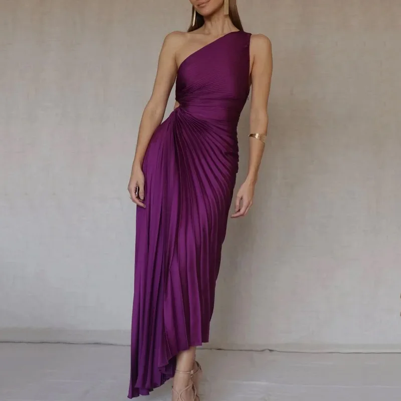 

Элегантное фиолетовое Плиссированное вечернее платье 2023, женское пикантное облегающее асимметричное длинное платье макси без рукавов с одним открытым плечом и диагональным воротником