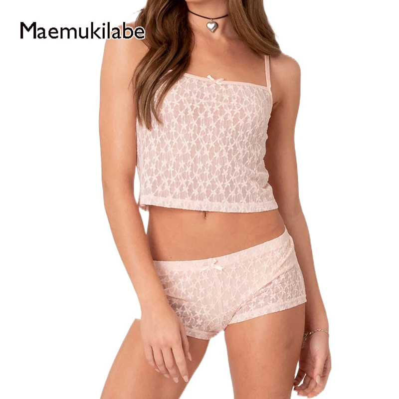 

Maemukilabe 2 Piece Set Kawaii Mesh Sheer Camisole Crop Tops + Micro Shorts Sexy Trasparent Lounge Pajamas Women Matching Suit