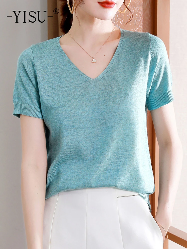 

YISU Summer New Women Sweater solid color V-Neck T-shirt Casual Short sleeve Tops Female Knitted Pullover Women Clothing