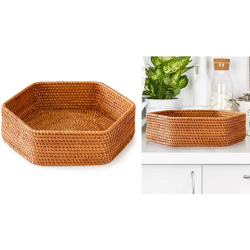 

Hexagonal Decorative Rattan Wicker Woven Tray Basket, For Coffee Table And Ottoman Decor, Or Living And Bathroom