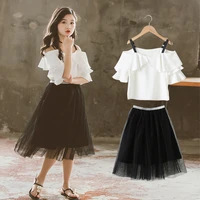 girls summer dress 2022 new korean version suit middle aged children off shoulder two piece summer sling set streetwear cotton