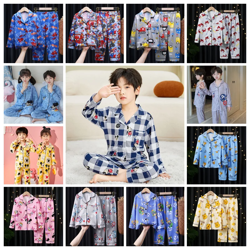 

Autumn Kid Pajamas Cartoon Spiderman Mickey Minnie Pooh Clothing Set Boy Girl Long Sleeve Home Sleepwear Children Nightgown Suit