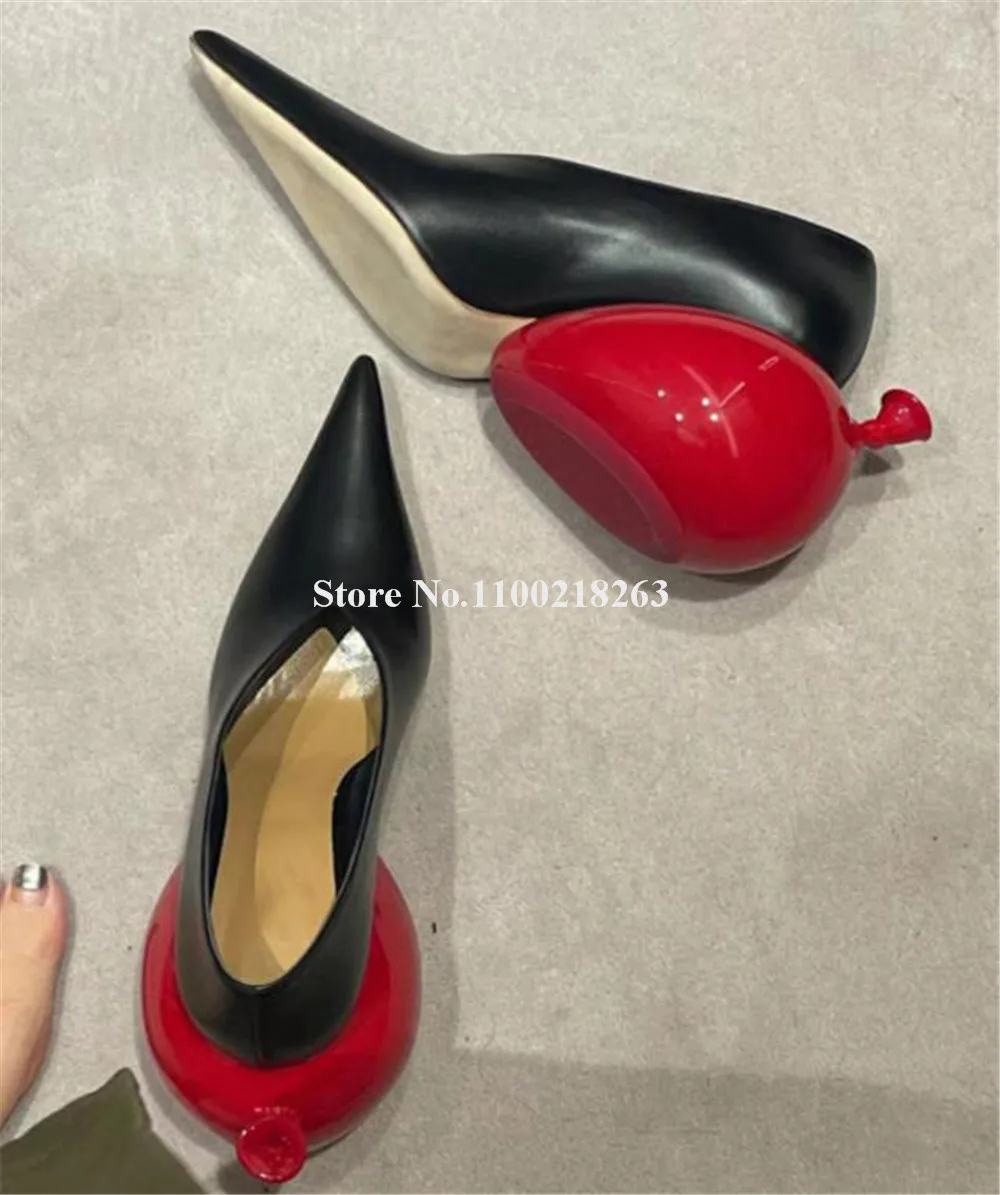 

Туфли-лодочки с острым носком, уникальный стиль, красные воздушные шары, странный каблук, V-образный вырез, черные матовые кожаные туфли на танкетке, оригинальные каблуки