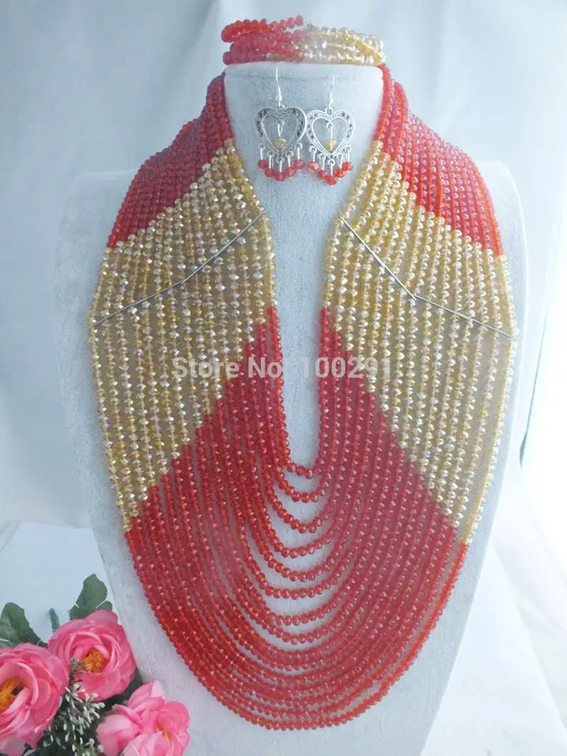 

Модный Нигерийский Африканский Свадебный комплект бижутерии из бисера, комплект из ожерелья, браслета и серег с кристаллами