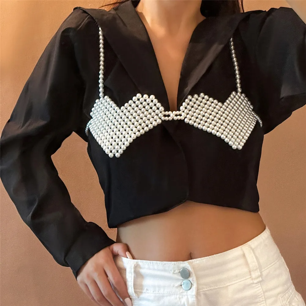 

Sexy Heart Shape Imitation Pearl Bra Bralette Body Chain Women Chest Necklace Harness Nightclub Party Vacation Bikini Jewellery