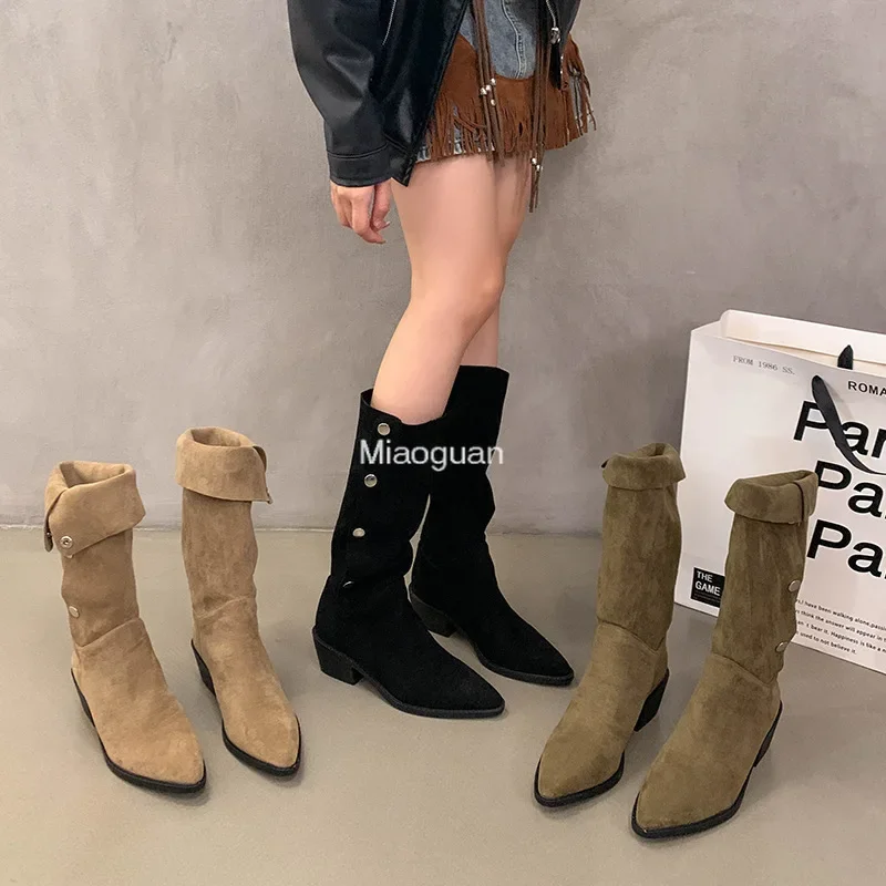 Женские зимние ковбойские сапоги до колена из искусственной замши