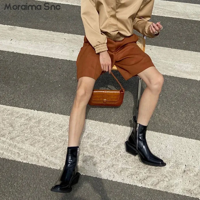 Black Handsome Thick Heel Square Head Leather Ankle Boots Design Sense Side Zipper Short Tube Chelsea Boots Large Size Boots