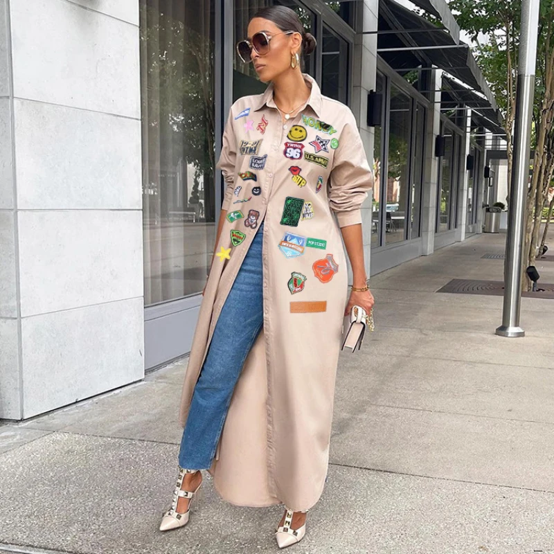 

New Fashion Women Summer Long Shirt Dress Full Sleeve Turn Down Collar Single Breasted Printed Letter Printed Dress Streetwear